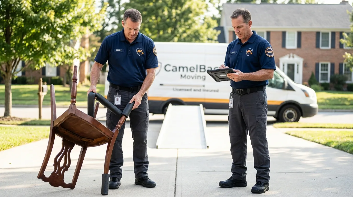 Movers inspecting furniture for damage prevention before loading in Vanceburg, KY